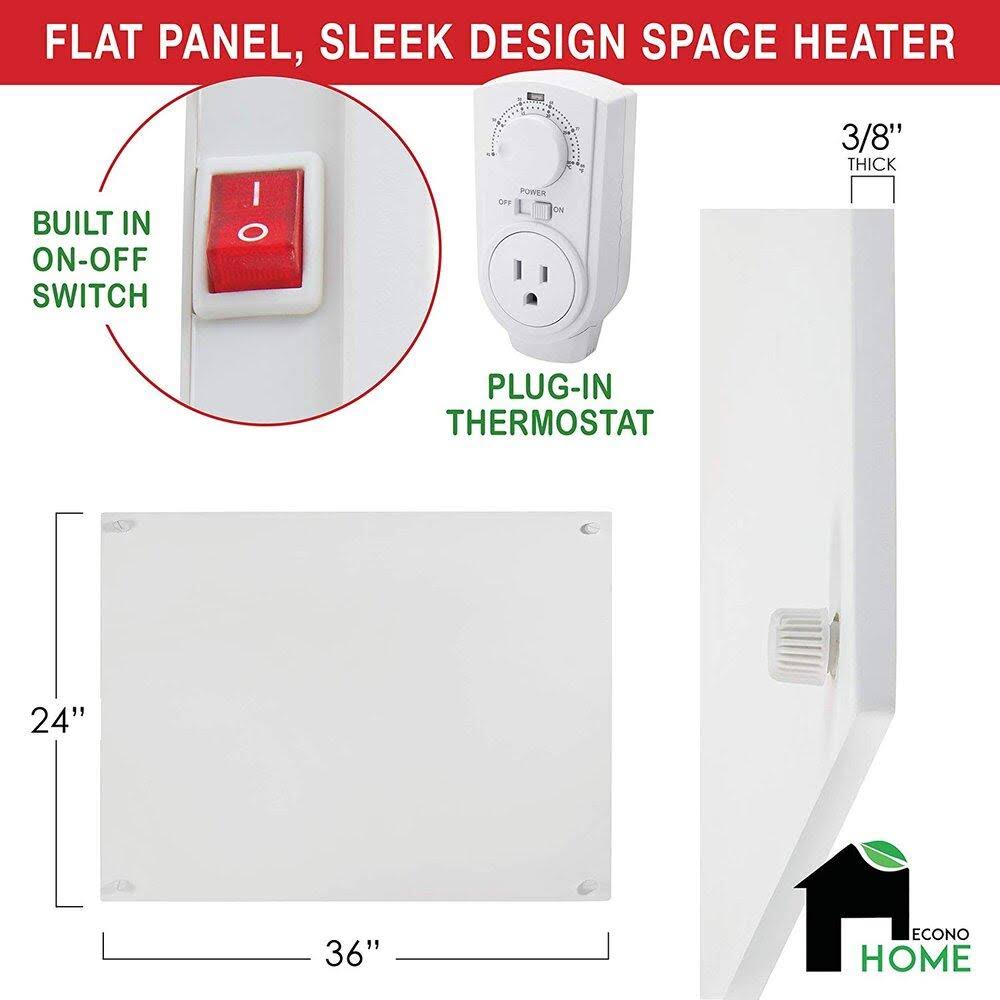 EconoHome Wall Mount Space Heater Panel - with Thermostat - 600 Watt Convection Heater - Ideal for 200 Sq ft Room - 120V Electri