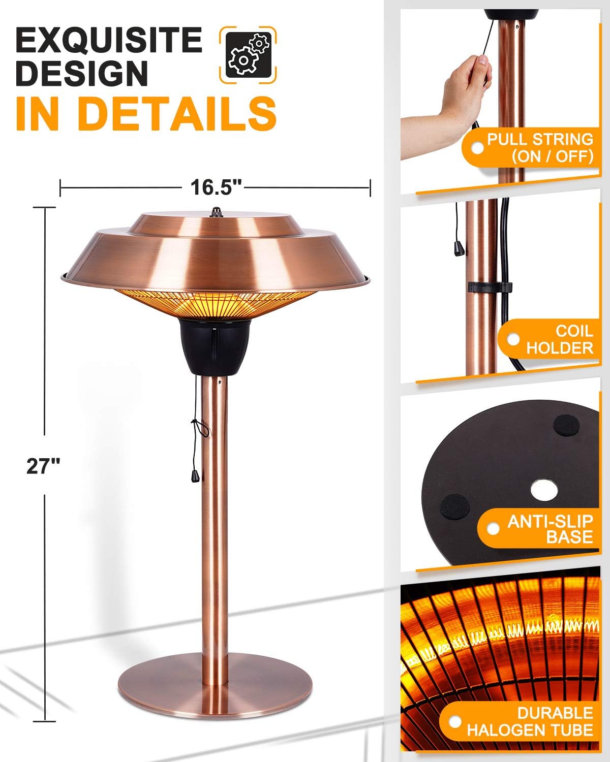 Star Patio Electric Patio Heater, Outdoor Heater, 1500W Infrared Heater with Brush Copper Finished, Tip-Over Protection, Electric Tabletop Heater, IP44 Waterproof, STP1566-CT-B