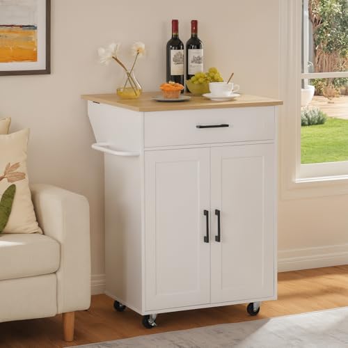 Kitchen Island on Wheels with Drop Leaf, Folding Countertop Kitchen Island Cart, Kitchen Island Table with Towel Rack, Drawer, for Kitchen, Dining Room, White and Natural KINW12501