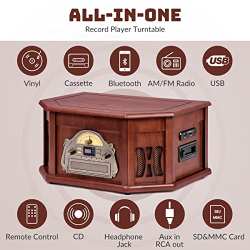 ORCC 10-in-1 Bluetooth Turntable Record Player with Built-in Speaker, Vinyl Turntable CD Cassette and FM/AM Radio Combo, AUX in RCA Out USB MP3 Recording Headphone Jack Compact Turntable