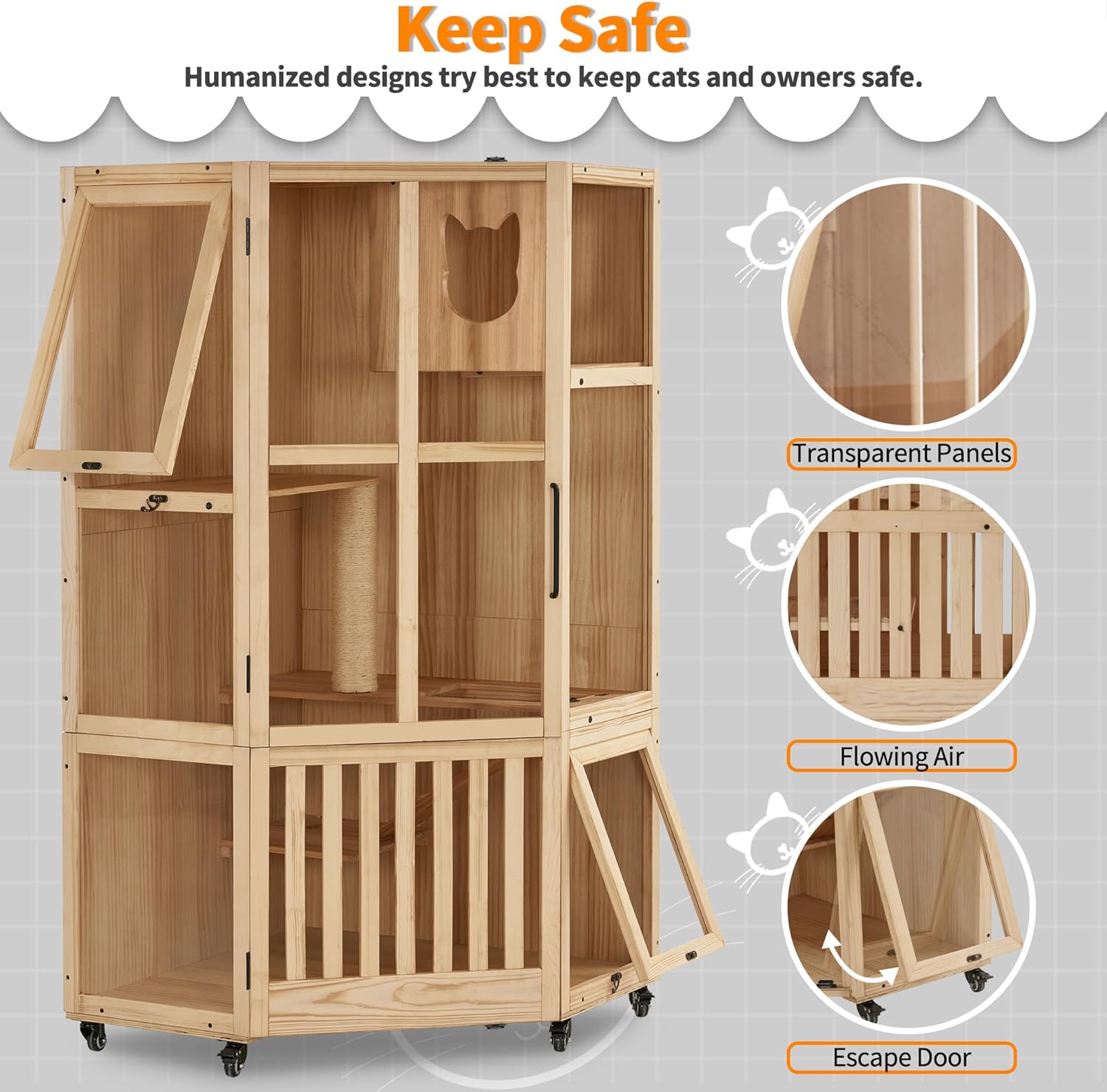 MCombo Large Corner Cat House Villa, Wooden Indoor Cat Enclosure with Scratching Post, Multi-Feature Enclosed Cat Cages with Escape Doors, Wood Cat Condo with Wheels CT96