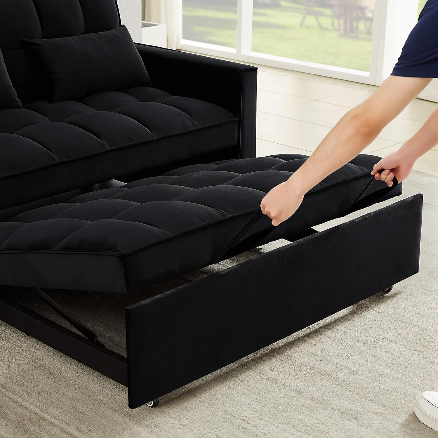 3 in 1 Convertible Sleeper Sofa Couch with Pull Out Bed,Small Futon Loveseat Lounge Chaise with Reclining Backrest and Armrest,Soft Upholstered Love Seats RV Furniture for Living Room