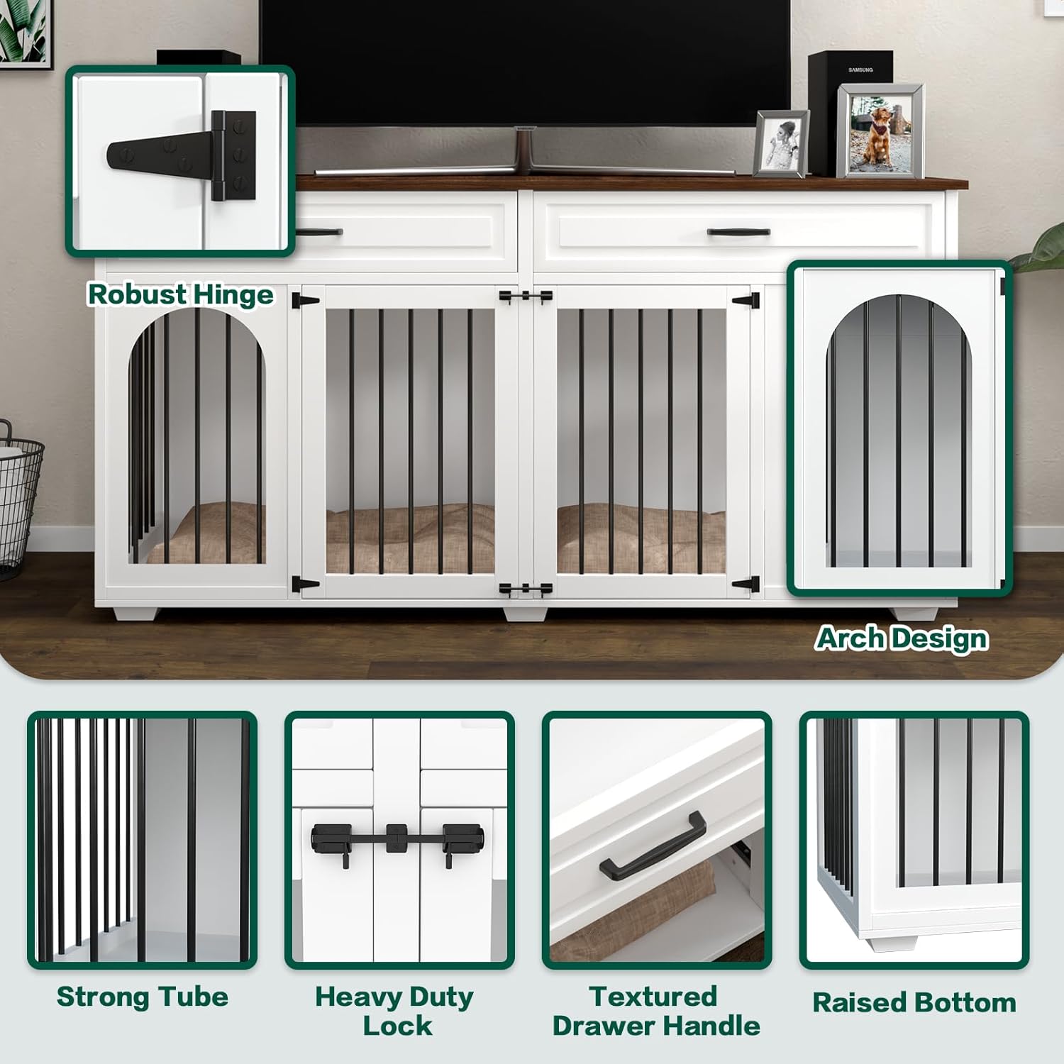 Double Dog Crate Furniture,74.8 Inch Dog Crate Kennel Furniture for 2 Large Breed Dogs,Heavy Duty Wooden Dog Crate with Divider&2 Drawers,White