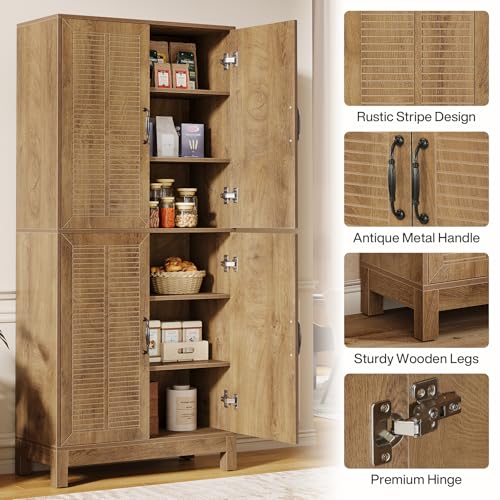 Tribesigns 70" Tall Kitchen Pantry Cabinet with Adjustable Shelves, Farmhouse 6-Tier Storage Cabinet with Doors and Shelves, Freestanding Bookcase for Living Room, Rustic Brown