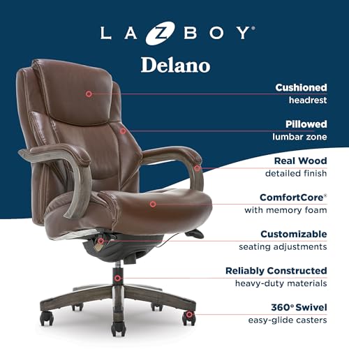 La-Z-Boy Delano Big & Tall Executive Office Chair, Ergonomic Mid-Back Body Pillow Lumbar Support, ComfortCore Memory Foam Cushion, Mahogany Wood Arms & Swivel Base, Bonded Leather, Chestnut Brown