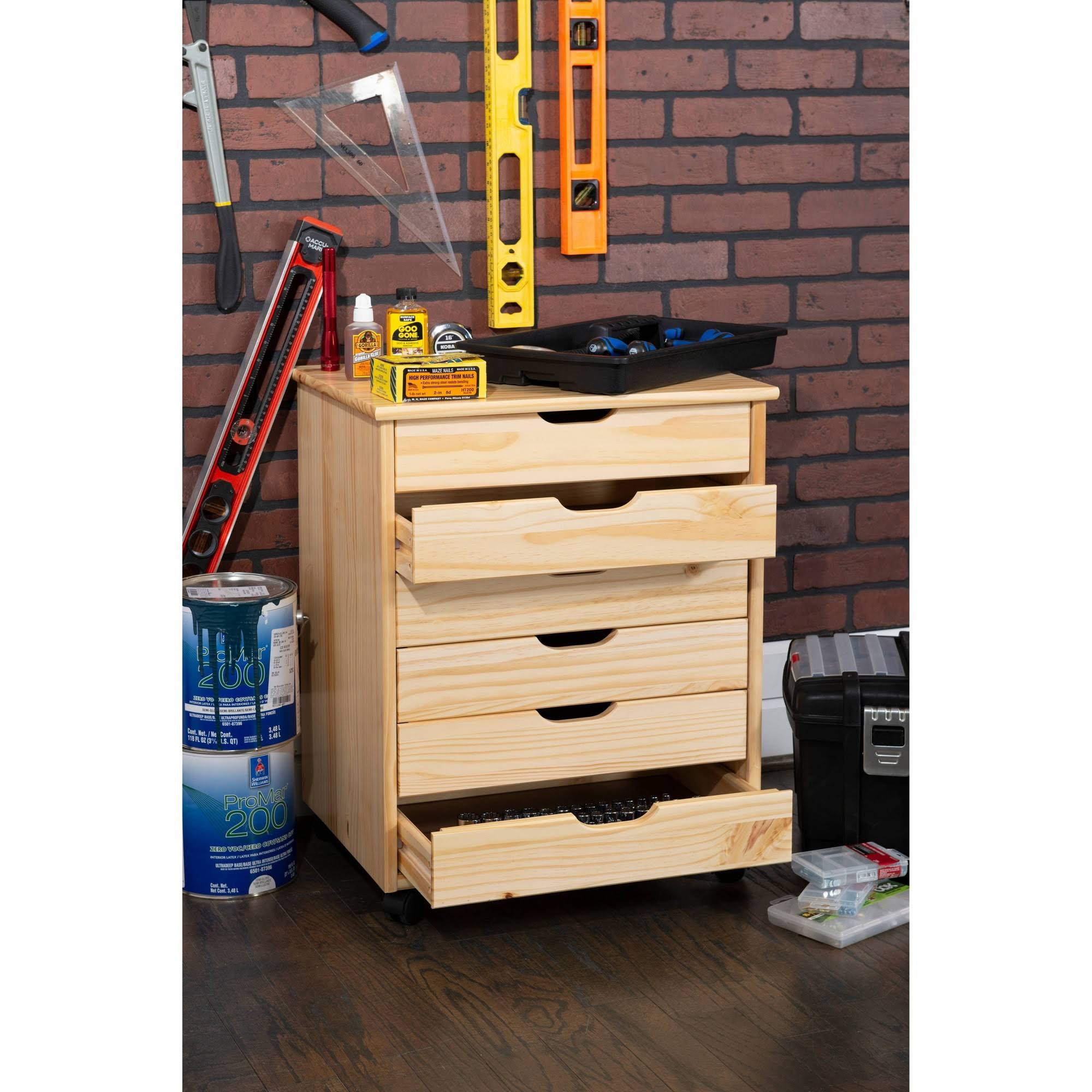 Cary Six Drawer Wide Roll Cart, Natural Linon
