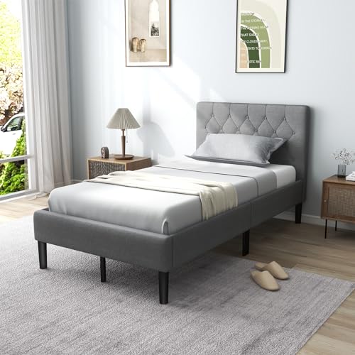 Giantex Twin Bed Frames for Kids, Modern Upholstered Platform Bed with Button Tufted Headboard, Wooden Slats Support Mattress Foundation, No Box Spring Needed, Kids Twin Bed for Girls Boys, Grey