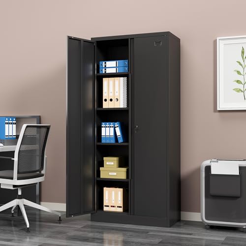Metal Storage Cabinet with 2 Doors and 4 Adjustable Shelves,71”Lockable Cabinet,Tool Cabinet for Garage Storage, Utility Room,Home,Office,School (Black, 71 inch)