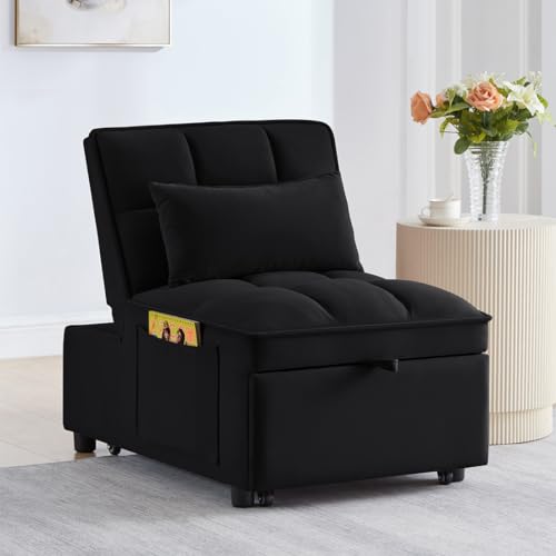 4 in 1 Convertible Sleeper Sofa Chair, Single Pull Out Couch with 6-Level Adjustable Backrest&Pillows,Modern Velvet Sofa Bed with Storage Pockets for Bedroom Living Room Small Space (Navy)