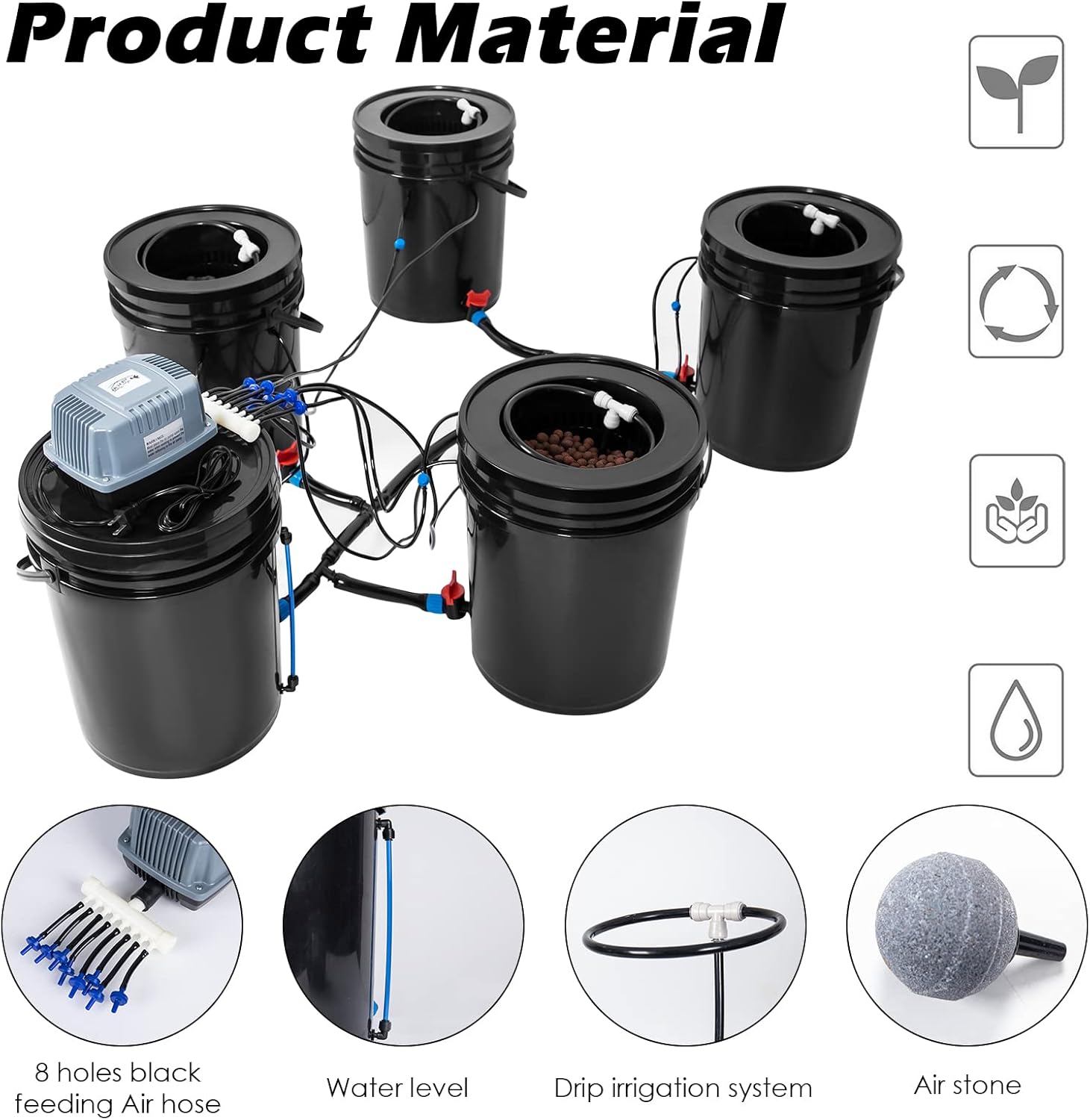 Hydroponics Growing System 5 Gallon DWC Hydroponic Bucket Kit Multi Barrel Hydroponic Machine Drip Irrigation System for Vegetables (4 Bucket + Reservoir Kit)
