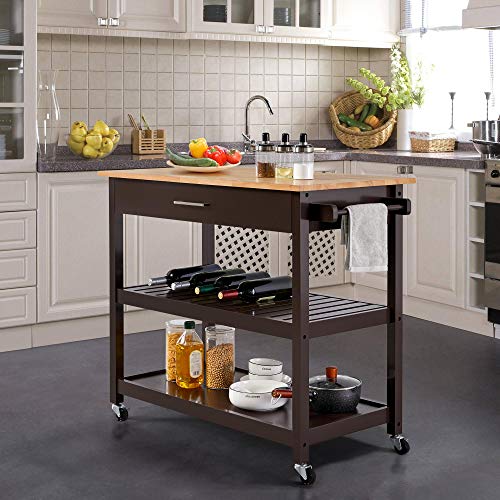 Yaheetech Kitchen Island Cart on Wheels with Bamboo Tabletop, 3-Tier Rolling Kitchen Island Microwave Cart with Drawer, Detachable Towel, 3 Hooks, 17" D x 37.5" W, White