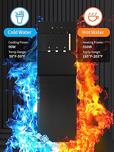 TABU Bottom Loading Water Cooler Dispenser of 3 Temperature Settings - Hot, Cold, Room Water, for 3 or 5 Gallon Bottles, with Child Safety Lock& Anti-Scalding Design, (Black)