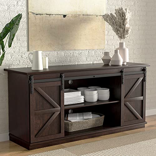 YESHOMY Farmhouse TV Stand for Televisions up to 65 Inches, Sliding Barn Doors and Storage Cabinets, Console Table and Media Furniture for Living Room, 58 Inch, Milk White