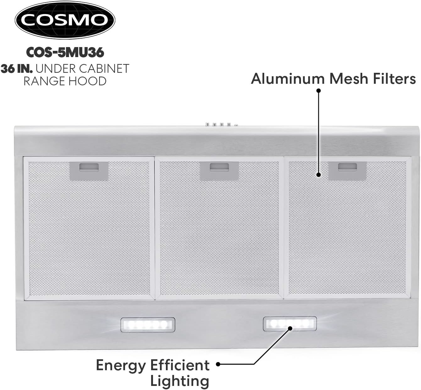 Cosmo COS-5MU36 36 in. Under Cabinet Range Hood Ductless Convertible Duct, Slim Kitchen Stove Vent with 3 Speed Exhaust Fan, Reusable Filter and LED Lights in Stainless Steel, 36 inch