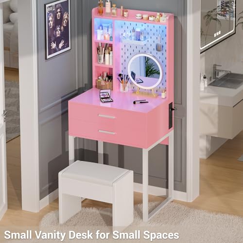 Small Vanity Desk with Hutch and Drawers, Pink Makeup Vanity Desk with Charging Station, Vanity Table Dressing Table with LED Lights, Vanity Desk No Mirror with Pegboard for Girls Women, 24"