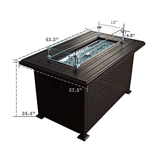 Kozyard Outdoor Patio Propane Gas Fire Pit Table - 50,000 BTU Wicker Design with Aluminum Tabletop, Glass Wind Guard, Clear Glass Rocks Slide Out Tank Holder - Ideal Patio Fire Table (Brown)