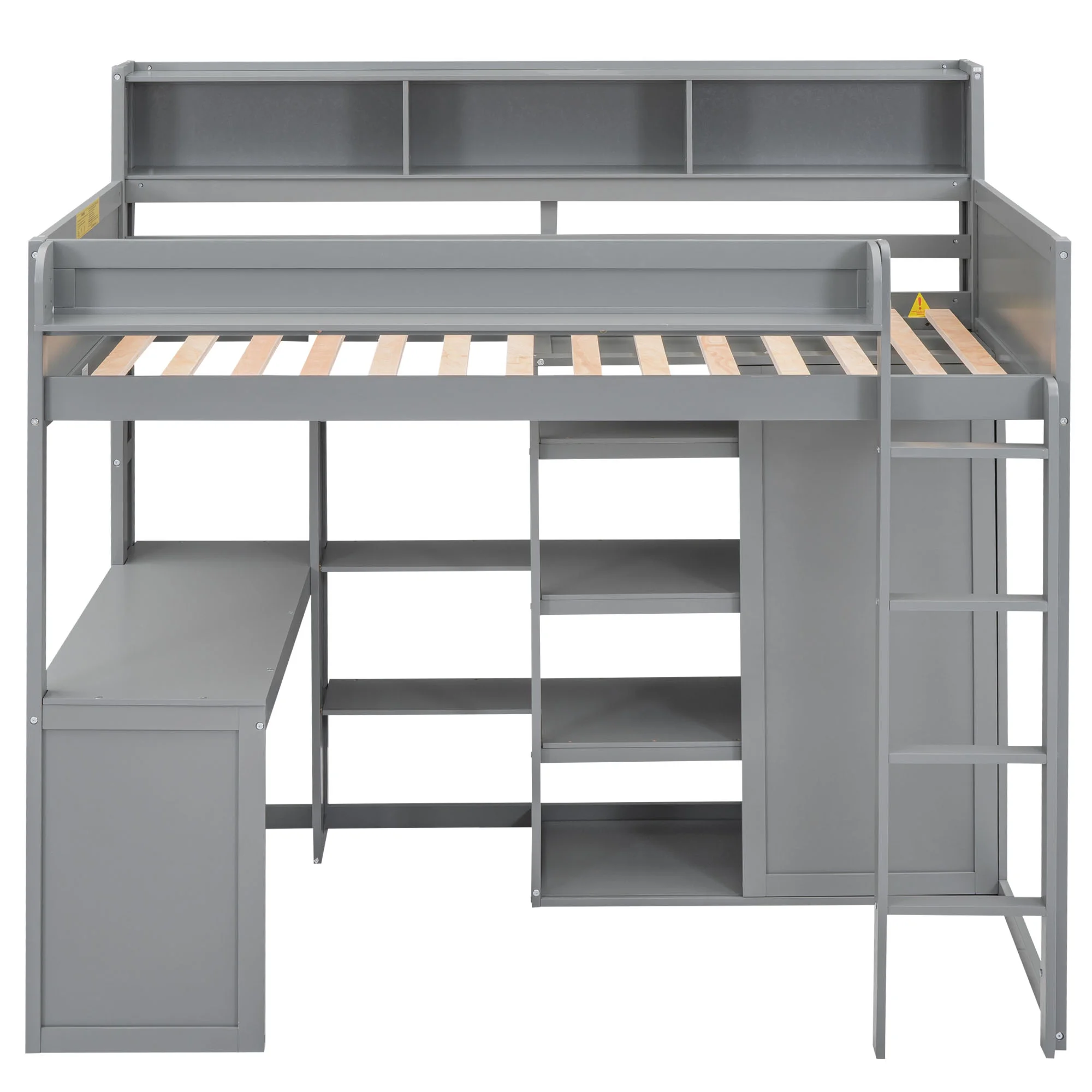 Euroco Pine Wood Twin Size Loft Bed with Desk, Wardrobe with Clothes Hanger and Display Shelves for Kids Bedroom, Gray