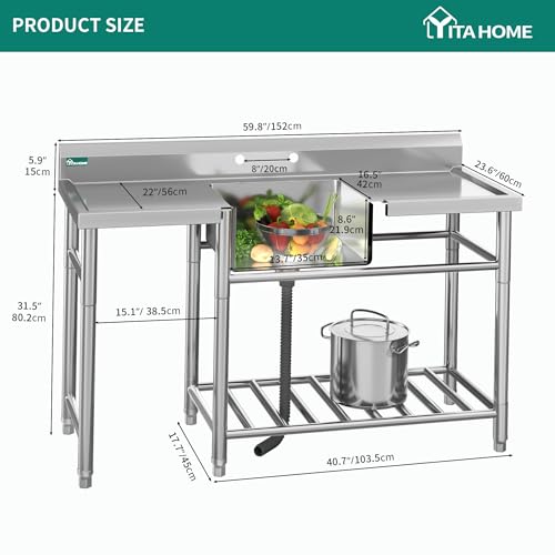 YITAHOME Freestanding Stainless-Steel Single Bowl NSF Commercial Sink Kitchen Sink Station for Restaurant Garage Indoor Outdoor 29in