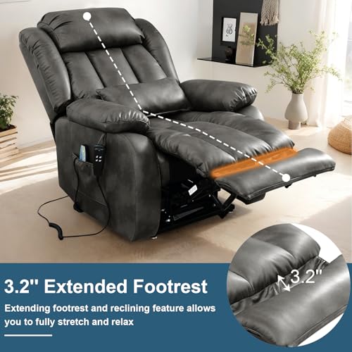 Dual Motor Power Lift Chair Lay Flat Recliner with Massage and Heat,Lift Recliner Chairs for Elderly w/Waist Pillow,USB Ports & Remote Controls,Extended Footrest,Breathable Leather (Brown)