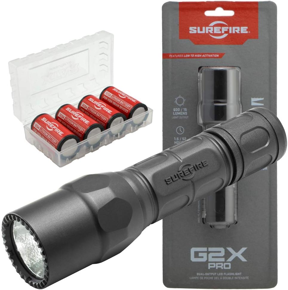 SureFire G2X Pro 600 Lumen Tactical EDC Flashlight Bundle with 4 Extra CR123A Batteries and Lightjunction Battery Case (Tan)