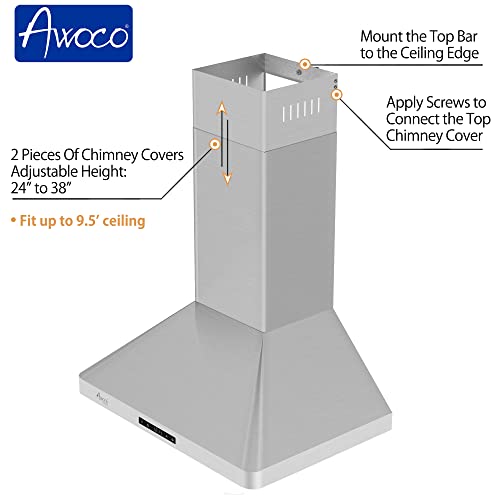 Awoco Wall Mount 9” High Stainless Steel Range Hood 4 Speeds, 6” Round Top Vent 900CFM 2 LED Lights & Remote Control