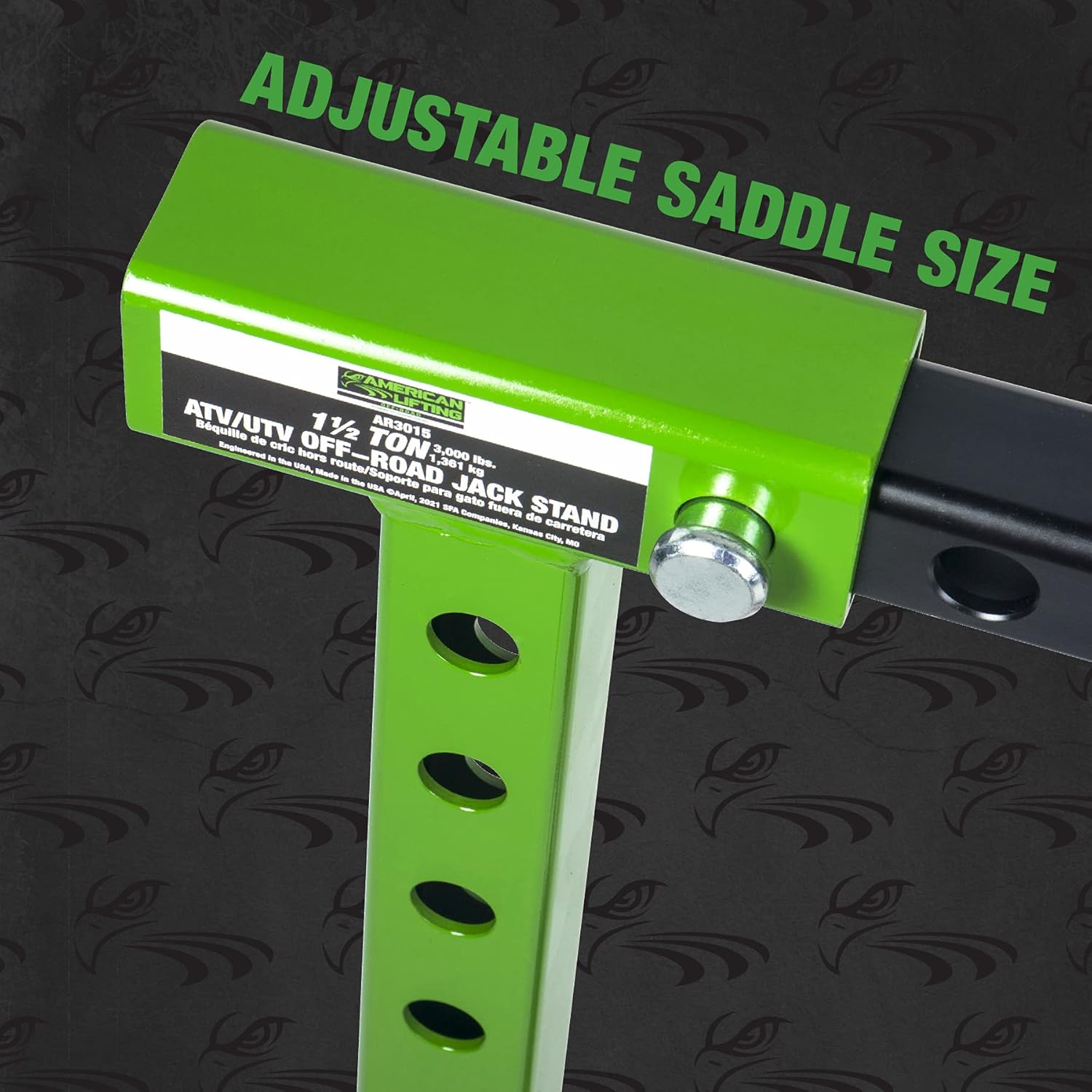American Lifting ATV UTV Jack Stands - 1.5 Ton (3000 Lbs) Safety Pin Style Off-Road Stand with Rack Bar Saddle – Ideal for Shop Garage, Green / Black