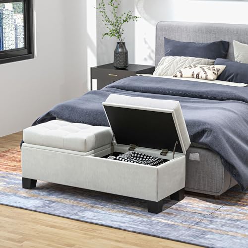 HOMCOM 46" Storage Ottoman Bench, Upholstered End of Bed Bench with Steel Frame, Button Tufted Storage Bench with Safety Hinges for Living Room, Entryway, Bedroom, Gray