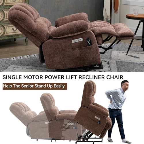 Large Power Lift Recliner Chair with Massage and Heat for Elderly, Ergonomic Backrest, Infinite Adjust, 2 Side Pockets, Stainless Steel Cup Holders, USB and Type-C Ports, Chenille Beige