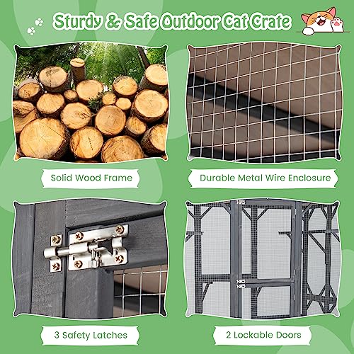 Tangkula Catio Outdoor Cat Enclosure Large, 72 Inch Tall Wooden Cat House with Weatherproof Asphalt Roof, Cat Cage Playpen on Wheels with 4 Platforms & 2 Resting Boxes, Walk-in Cat Kennel Condo