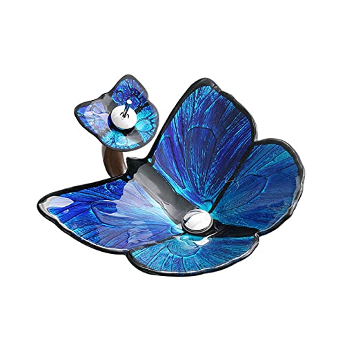 Bathroom Vessel Sink, Tempered Glass Vessel Butterfly Sink Artistic Top Mount Installation Bathroom Sinks with Pop Up Drain Waterfall Faucet,Blue