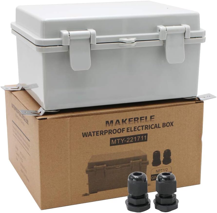 MAKERELE Outdoor Electrical Box Weatherproof Includes Internal Mounting Panel 15.711.86.7 (400300170mm) Large Project Box for Electronics Hinged Cover Plastic Clip with 2 NPT 3/4” Glands