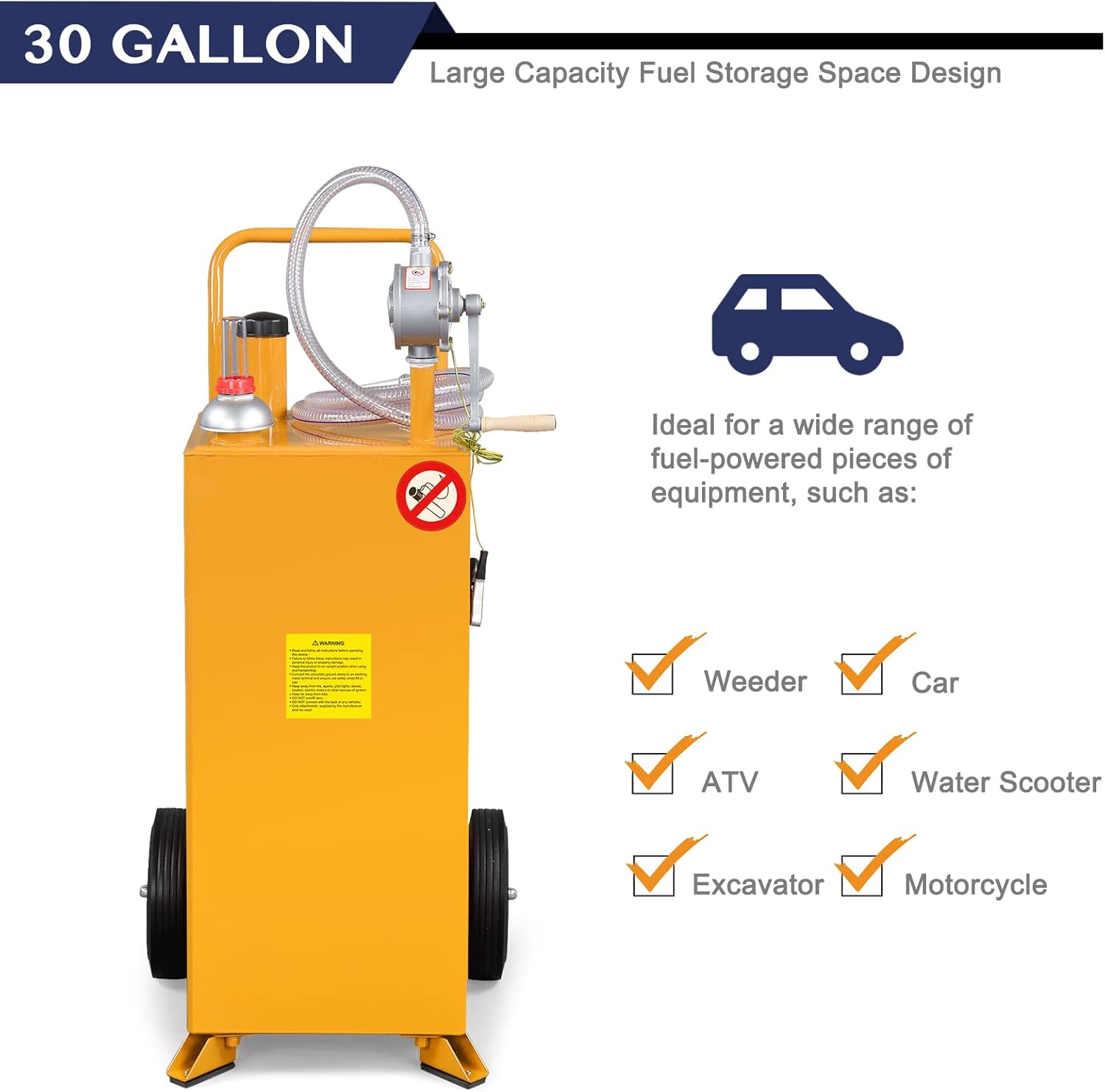 Winado 30 Gallon Portable Gas Caddy Fuel Storage Tank, Large Gasoline Diesel Can with Fuel Transfer Rotary Hand Pump, Hose, Wheels for Boat, ATV, Car, Tractors, Motorcycle