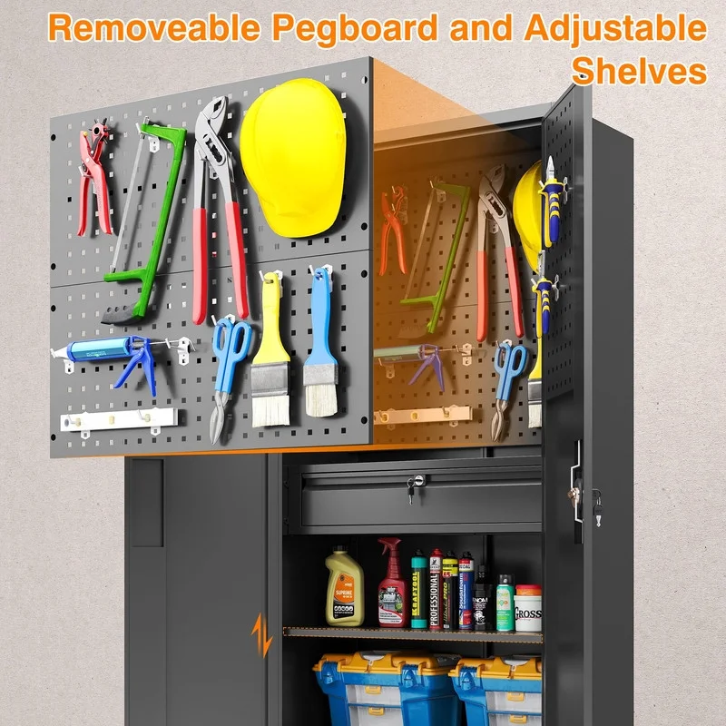 Fesbos Metal Storage Cabinet with Pegboard, Heavy Duty Garage Storage Cabinet with Adjustable Shelves and Doors, Lockable Steel Storage Cabinet with Drawer