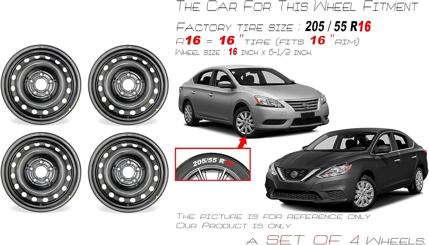16" 16x6.5 Set of 4 Black Steel Wheels For Nissan Sentra 2013-2019 OEM Design Replacement Rim