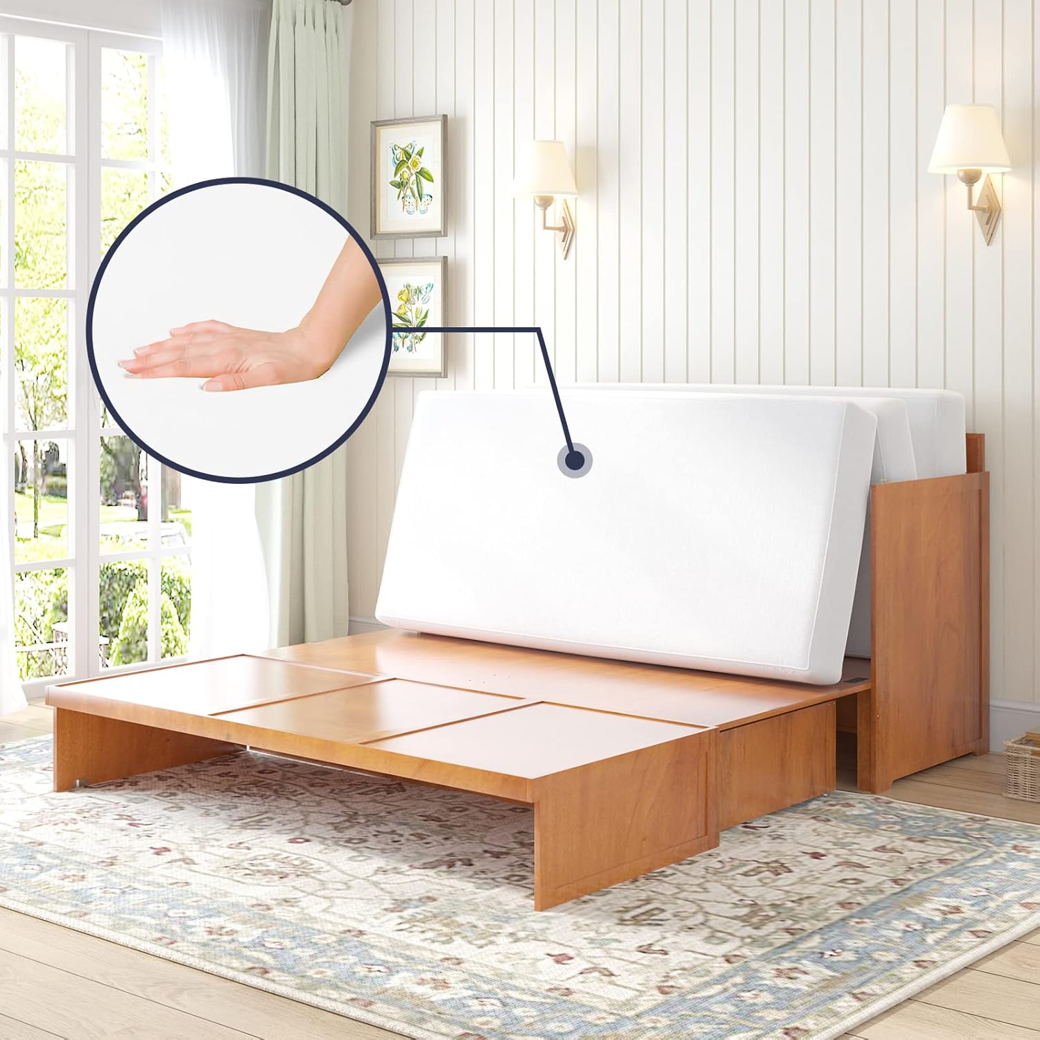 Multifunctional Murphy Cabinet Bed with Built-in USB Power Strip& 2 Drawers, Foldable Platform Bed - Cherry