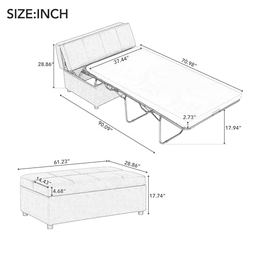 Ottoman Folding Bed, Fold Out Sleeper Bed With Mattress, Convertible Chair Into Sofa Bed, Couch Sleeper Solid Metal Frame, Dual Use Guest Bed Lounge Bed, Living Room Bedroom Office (Light Gray-003)