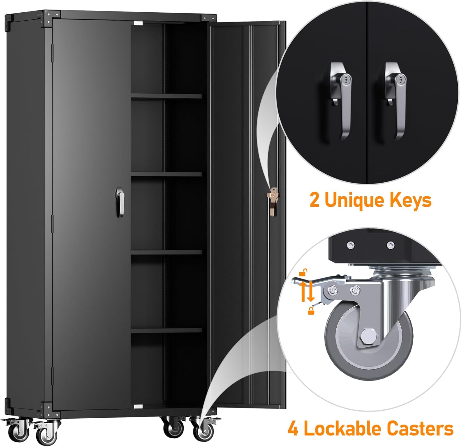 72" Black Metal Storage Cabinets with Wheels and 4 Adjustable Shelves, Lockable Rolling Cabinet Black, Home Office Metal Utility Cabinet for Garage Kitchen, Assembly Required