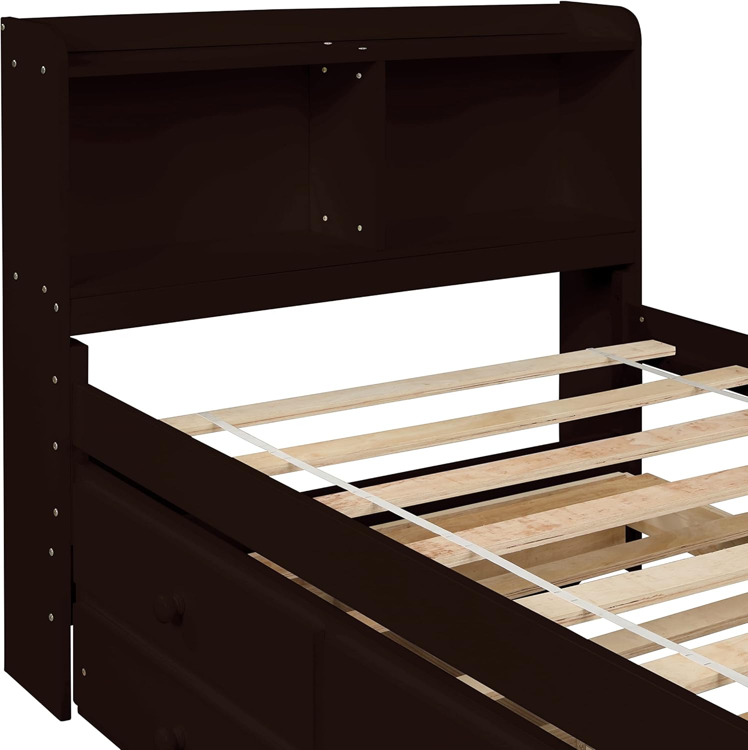 Twin Captain’s Bed with Bookcase Headboard, Wood Twin Size Bed Frame with Trundle and 3 Drawers for Kids, Teens, Adults, Espresso