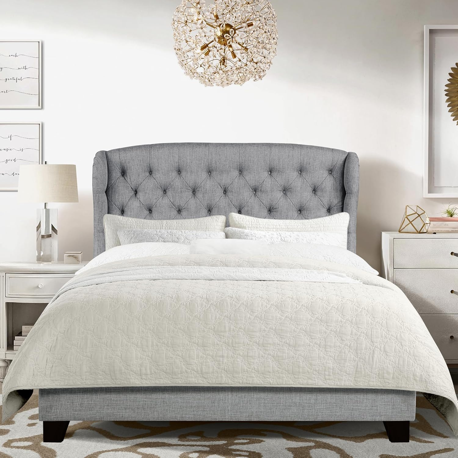 Rosevera Torrey Wingback Bed/Tufted Headboard Adjustable Height Bed Frame/Fabric Upholstered Bed Frame/Wood Slat Support/Easy Assembly,Queen,Linen Gray