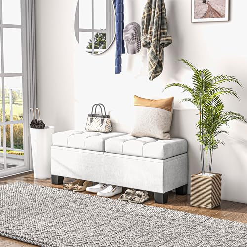 HOMCOM 46" Storage Ottoman Bench, Upholstered End of Bed Bench with Steel Frame, Button Tufted Storage Bench with Safety Hinges for Living Room, Entryway, Bedroom, Gray