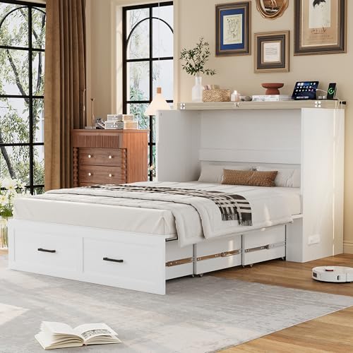 Wooden Murphy Cabinet Bed Frame with Charging Station, Full-Size Foldable Wall Bed with Large Storage Drawer for Home Apartment Limited Living Places, Space-Saving Hidden Bed No Box Spring Needed