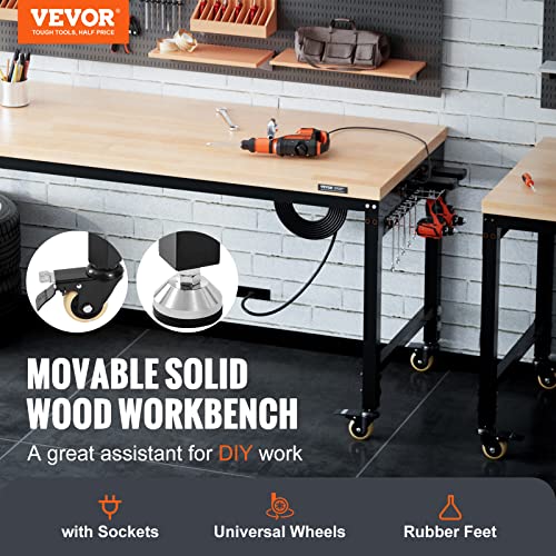 VEVOR 60" Adjustable Workbench, Heavay Duty Workstation 2000 LBS Load Capacity, with Power Outlets & Rubber Wood Top & Metal Frame & Foot Pads, for Workshop Office Home Garage