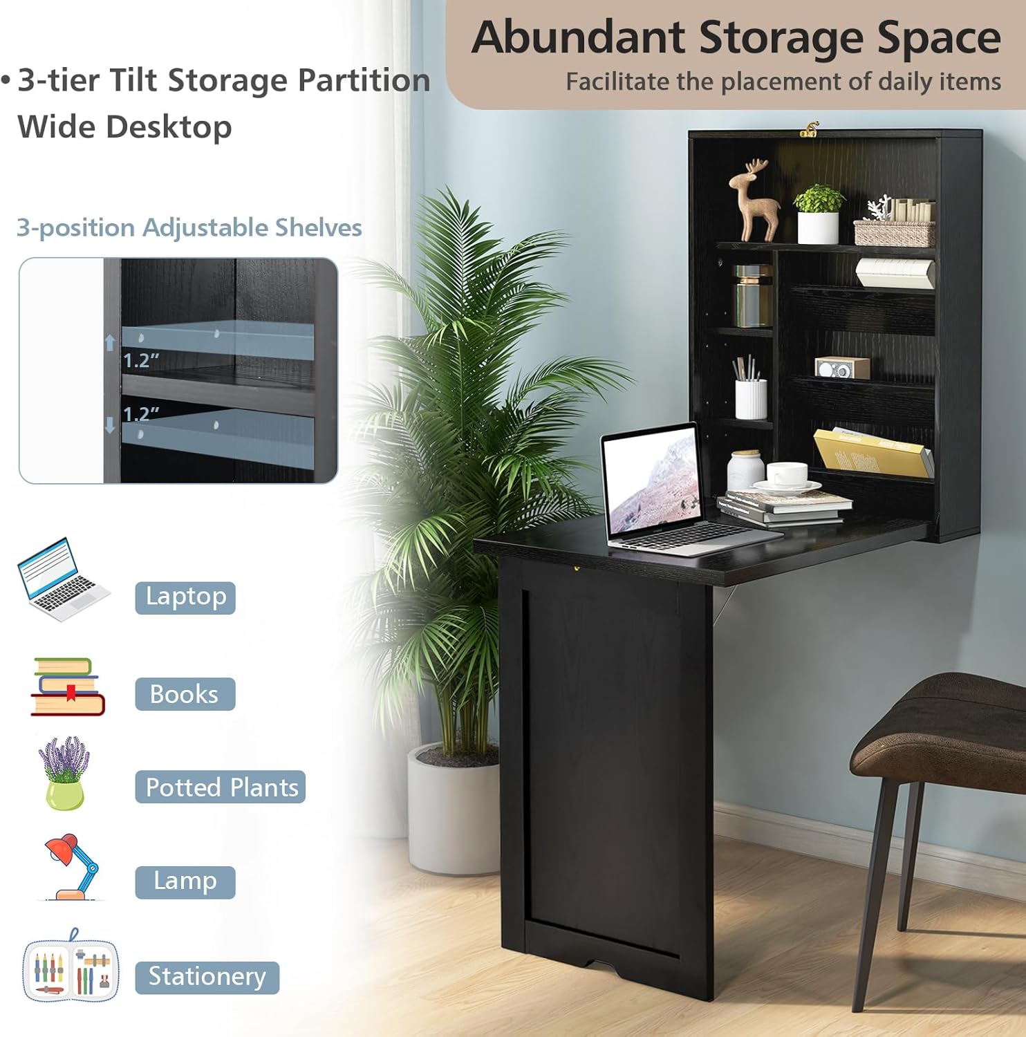 Wall Mounted Desk, Multi-Function Home Office Workstation with Storage Shelves, Space Saving Fold Out Convertible Floating Table for Bedroom, Living Room, Study Room, and Small Spaces (Black)