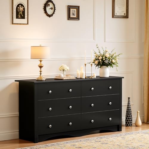 JUMMICO Dresser for Bedroom, 6 Wood Dresser Drawers, Wide Chest of Drawers, Storage Tower Unit, Modern Design for Bedroom, Living Room, Hallway, Entryway (Dark Brown)