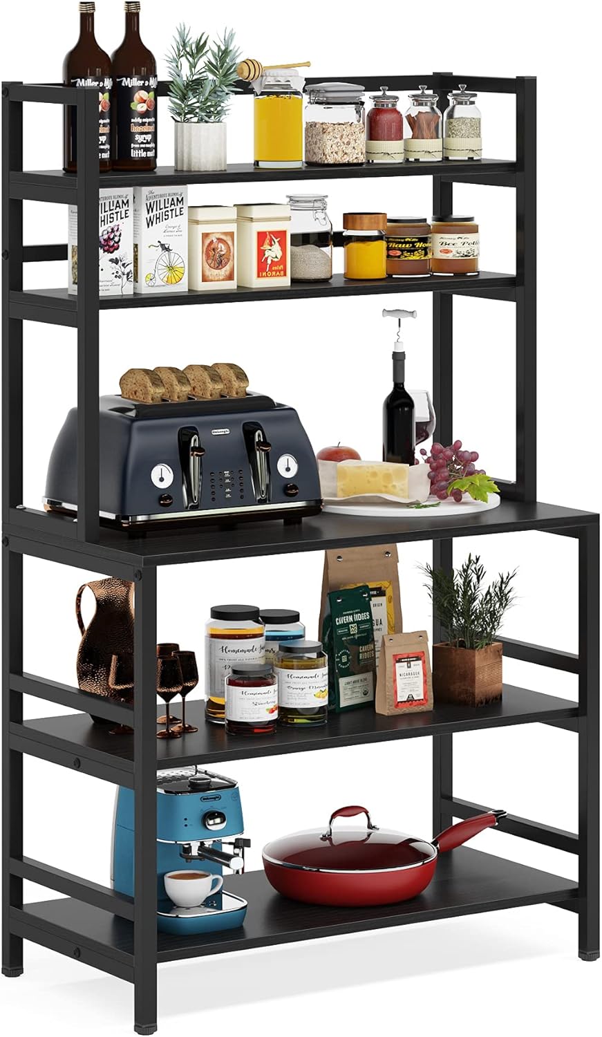 Tribesigns Bakers Rack with Hutch, Microwave Oven Stand, 5-Tier Kitchen Utility Storage Shelf, Height Free Standing Kitchen Organizer for Spices, Pots, Pans and Oven (Black)