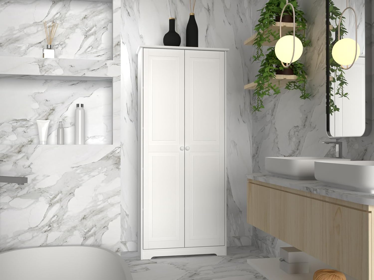 Cabinet Pantry 2 Doors Solid Wood White - Adjustable Shelves Linen Closet & Laundry Offers Ample Organization