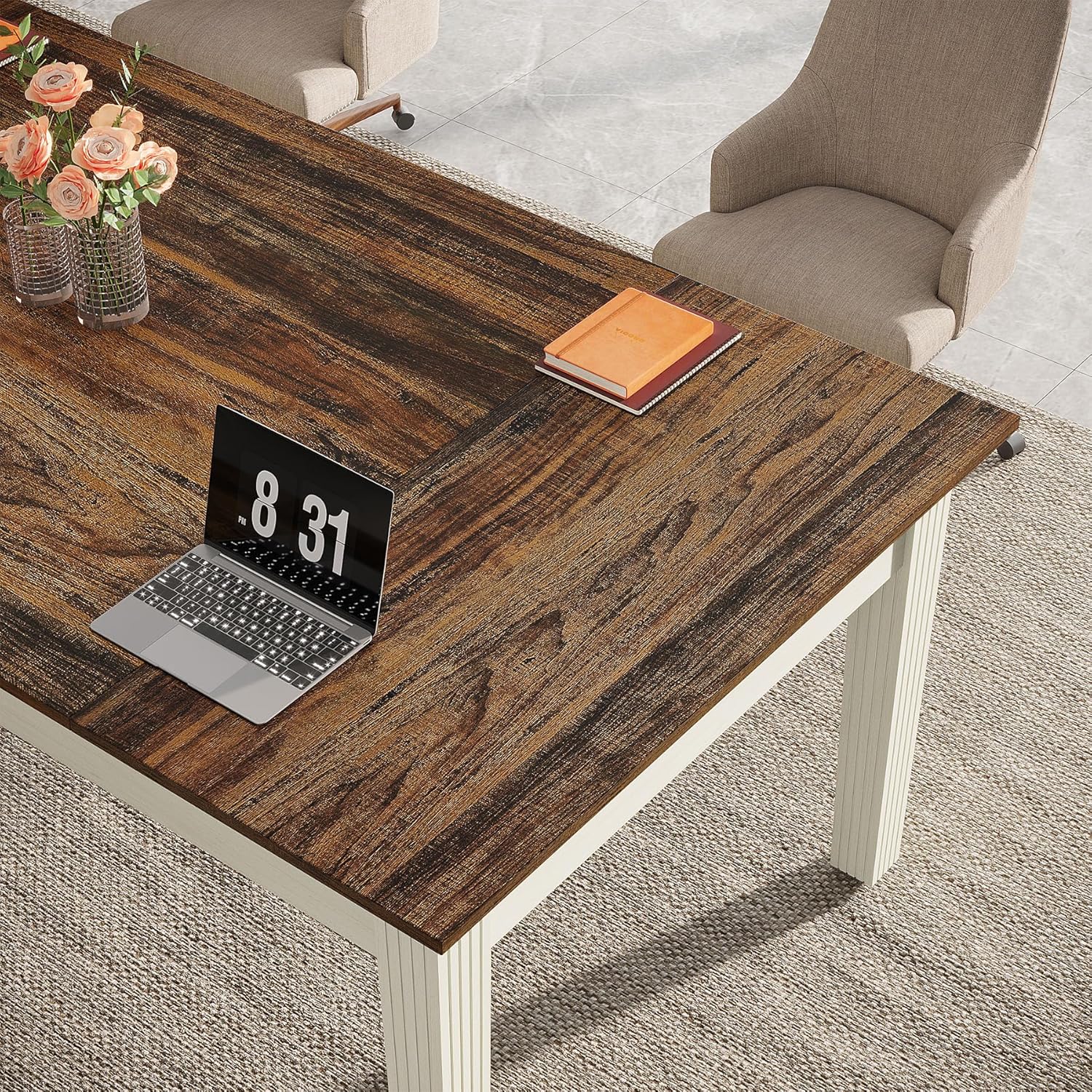 Tribesigns 62-Inch Computer Desk, Large Office Executive Desk with Solid Wood Legs, Modern Simple Laptop Desk Study Writing Table Workstation Furniture for Home Office, Rustic Brown & White