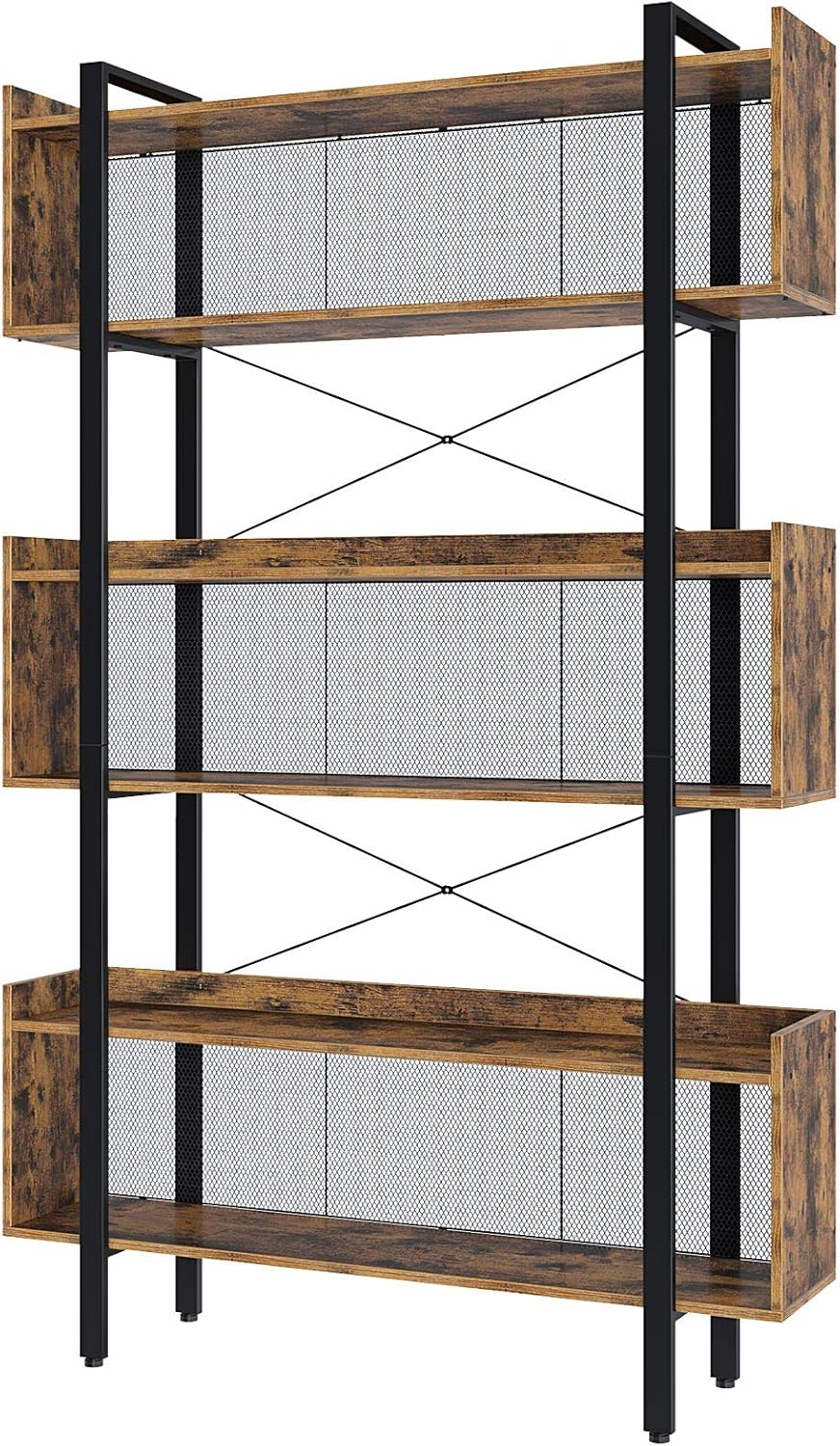 Rolanstar Bookshelf 6-Tier, Industrial Bookcase with Top Edge, Freestanding Wooden Bookshelf with Metal Frame for Display and Organization, Geometric Bookcase for Living Room and Bedroom, Rustic Brown