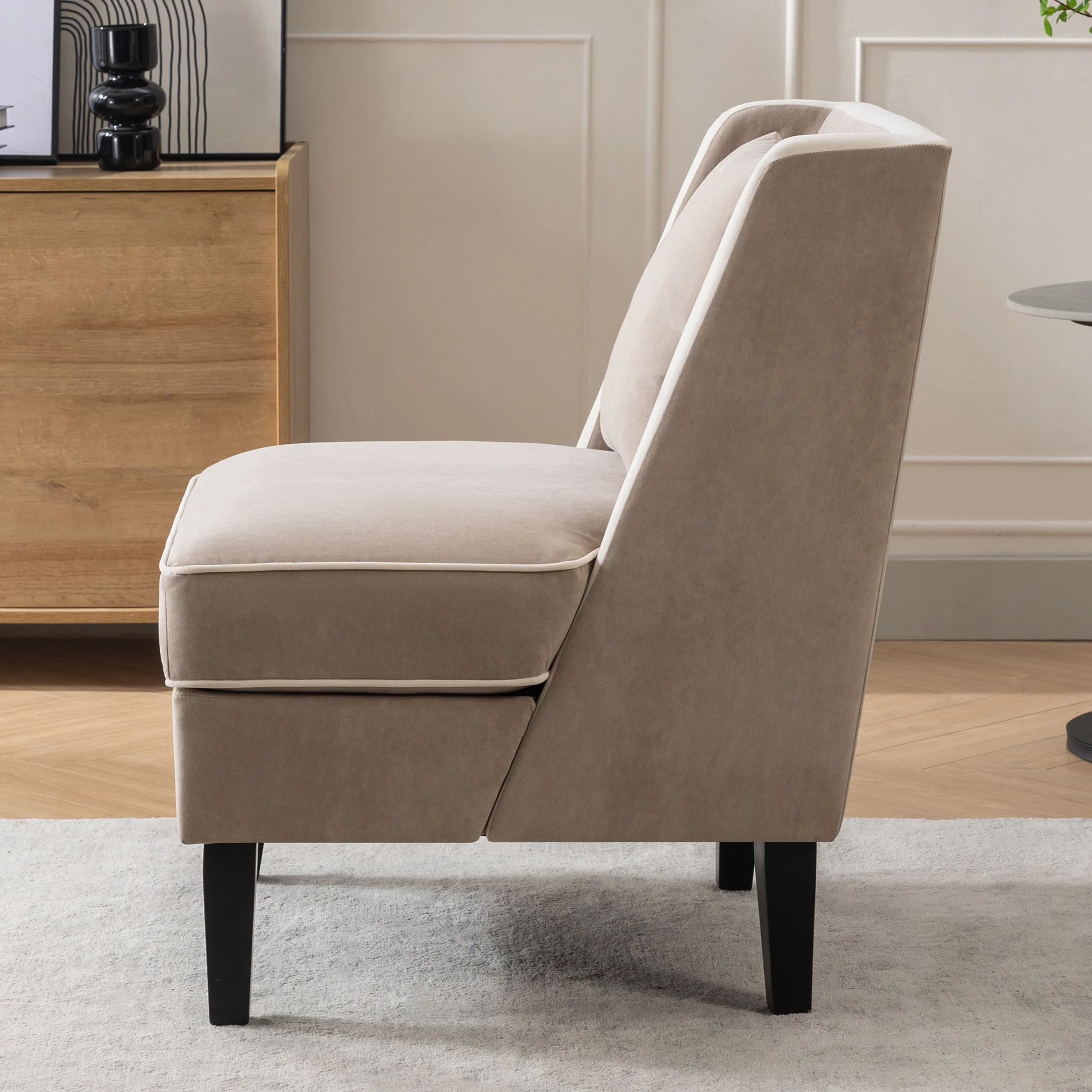 CoSoTower Velvet Upholstered Accent Chair with Cream Piping, Tan and Cream