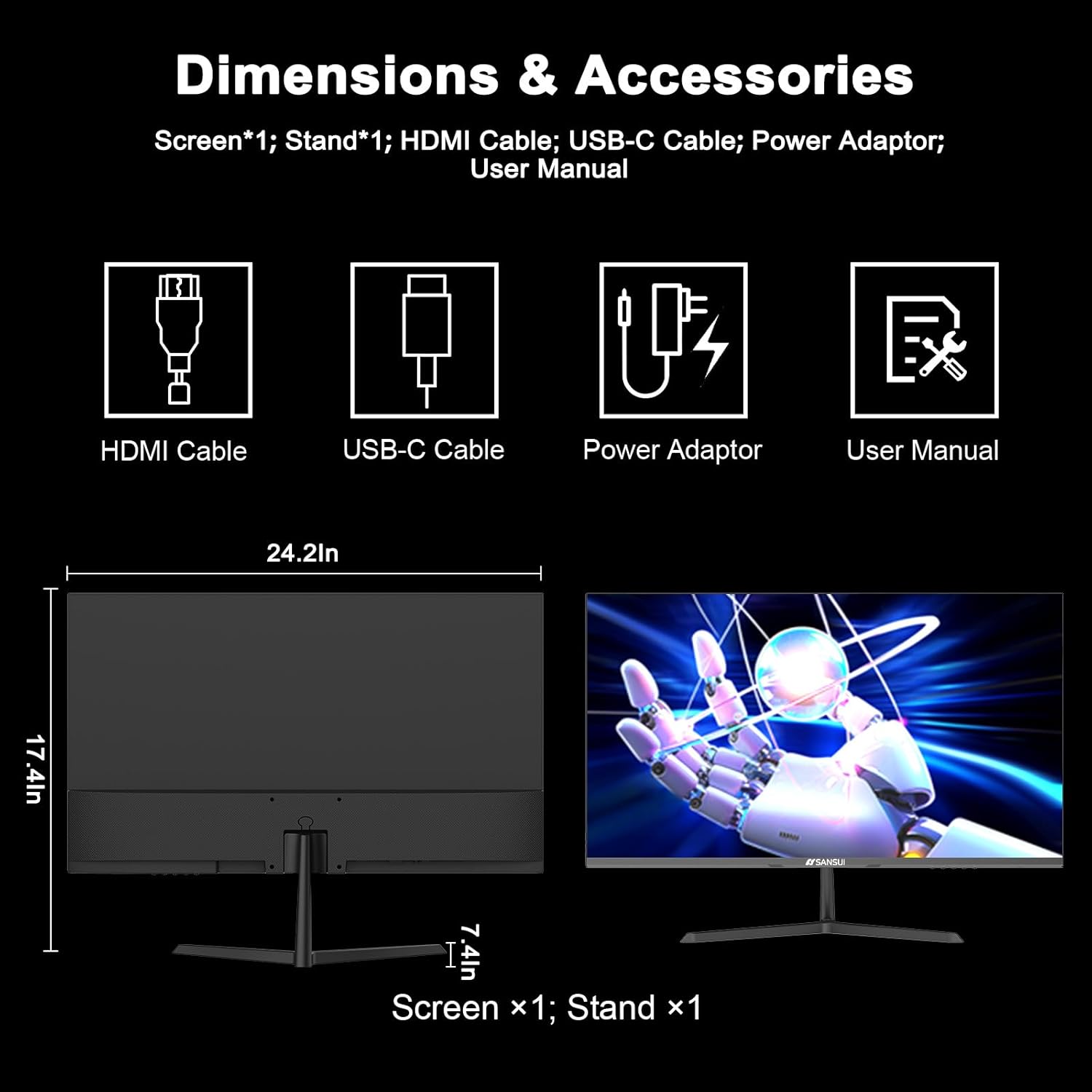 SANSUI Monitor 27 Inch IPS 100Hz Computer Monitor, USB-C FHD HDR Built-in Speakers HDMI DP RTS/FPS Tilt Adjustable VESA Compatible, for Game and Office (ES-27X3 USB-C Cable & HDMI Cable Included)